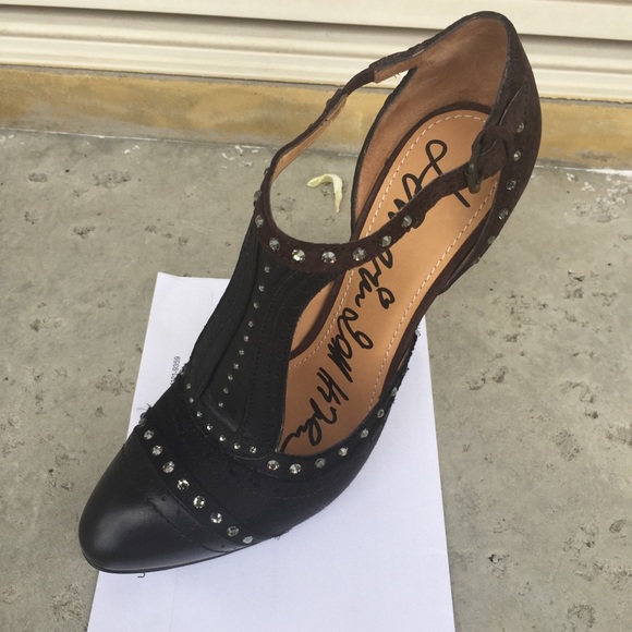 LANVIN blk & brn satin & leather with rhinestones HEELS with a buckle shoes ๐HP - Picture 12 of 13